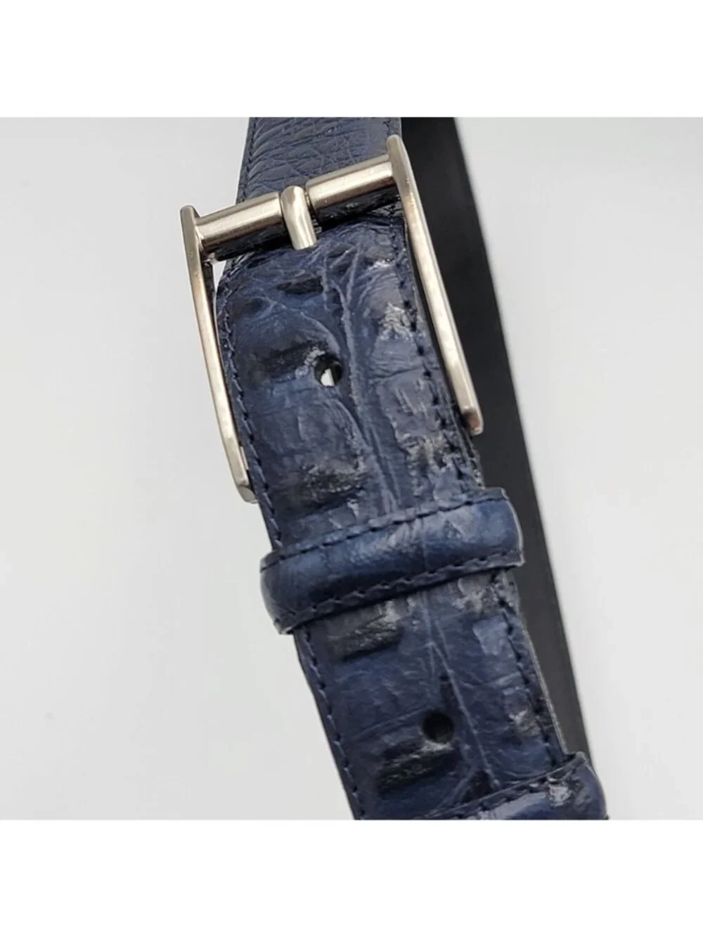 Vtg Giorgio Brutini Genuine Navy Blue Leather Belt With Embossed Texture & Silve